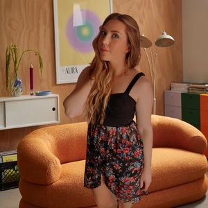 VTG Forever 21 Black Button Down Denim Corset Top Sheer Floral Skirt Dress